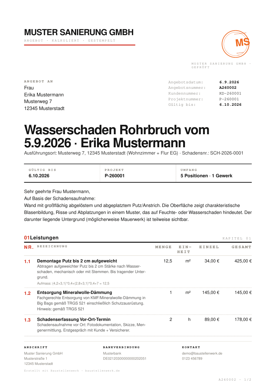 Baustellenwerk: Seite 1 des Angebots-PDF mit Schadensnummer und Positionen