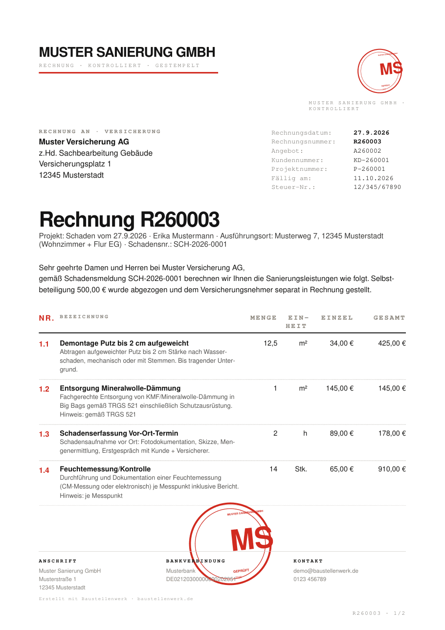 Baustellenwerk: Rechnung an den Versicherer als PDF mit Schadensnummer, Bezug auf die Schadensmeldung und abgezogener Selbstbeteiligung